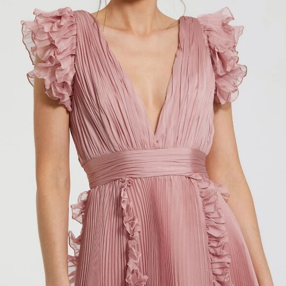 NWT | Mac Duggal‎ 49675 Pleated Chiffon V Neck Ruffle Midi Dress Rose Pink 8 - Picture 6 of 15